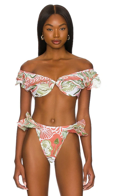 Andrea Iyamah Salama Ruffled Off-the-shoulder Bikini Top In Abstract Mushroom Print
