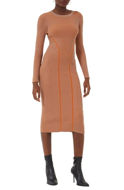 French Connection Simona Ribbed Long Sleeve Sweater Dress In Camel/ Glazed Ginger