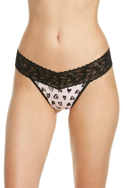 Hanky Panky Mid Rise Lace Trim Thong In Graffiti Hearts/blac