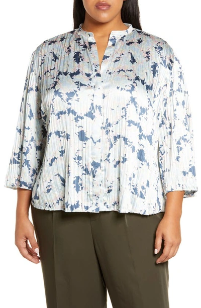 Vince Pleated Lotus Print Blouse In Blue