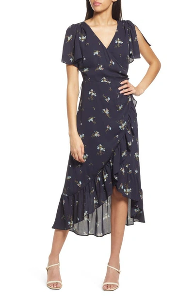 Chelsea28 Flounce Floral Print Chiffon Wrap Dress In Navy Night Floral
