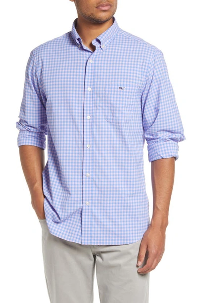 Vineyard Vines On-the-go Nylon Stretch Gingham Classic Fit Shirt In Sea Grape