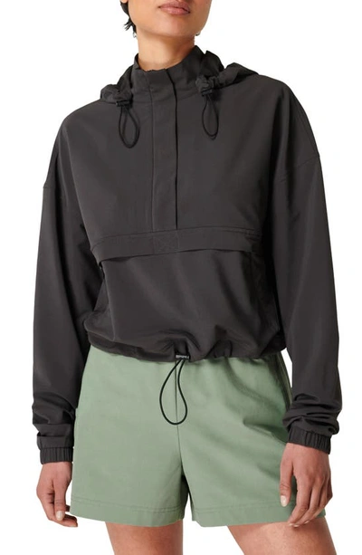 Sweaty Betty Crop Woven Track Jacket With Removable Hood In Dark Grey