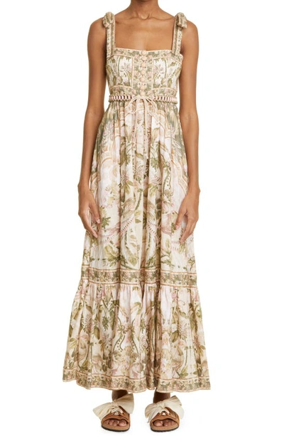 Zimmermann Picnic Tie-shoulder Printed Maxi Dress In Olive/army