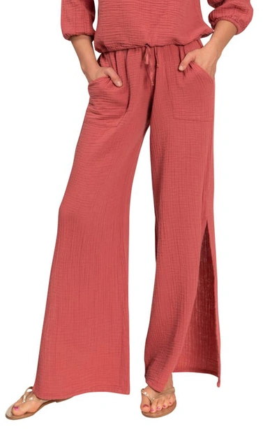 Everyday Ritual Riley Slit Wide-leg Cotton Gauze Pants In Marsala