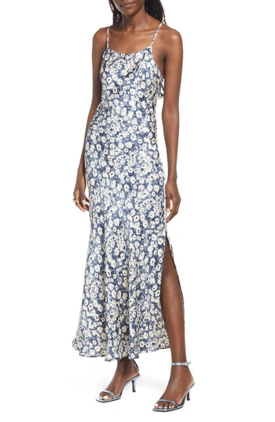 Open Edit Satin Slipdress In Blue Diffused Floral