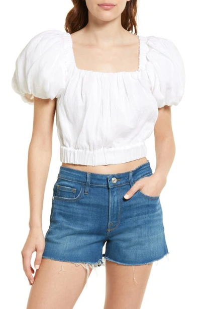 Frame Ruched Crop Puff Sleeve Blouse In Blanc
