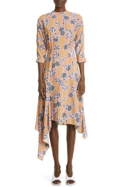 St John Floral Print Handkerchief Hem Silk Blend Midi Dress In Camel Multi