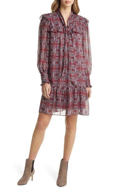 Julia Jordan Ruffle Yoke Tie Neck Long Sleeve Dress In Red Multi