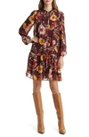 Julia Jordan Floral Print Pleated Long Sleeve A-line Dress In Brown Multi