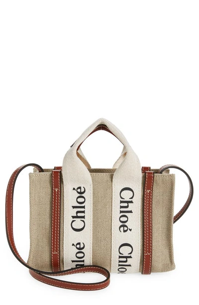 Chloé Mini Woody Logo Strap Canvas Tote In White - Brown 1