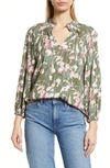 Caslon Floral Print Split Neck Shirt In Green- Pink Seaglass Floral