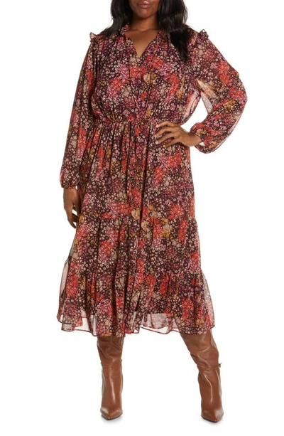 Julia Jordan Tiered Long Sleeve Tie Waist Dress In Red
