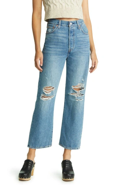 Levi's Ribcage Medium Wash Denim Distressed Straight Ankle Jeans In Hang Up
