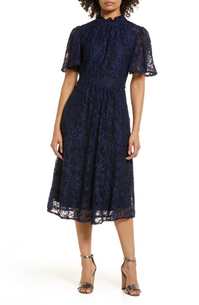 Julia Jordan Flutter Sleeve Lace Mock Neck Midi Dress In Navy