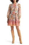 Julia Jordan Paisley Ruffle Long Sleeve Minidress In Aqua Multi