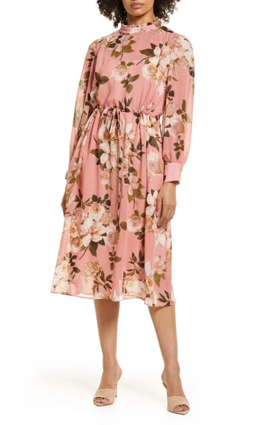 Julia Jordan Floral Print Long Sleeve Blouson Midi Dress In Blush Multi