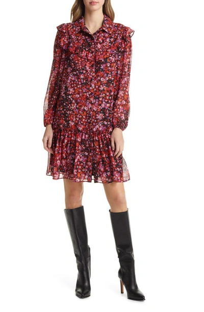Julia Jordan Floral Print Ruffle Long Sleeve Shirtdress In Black Multi