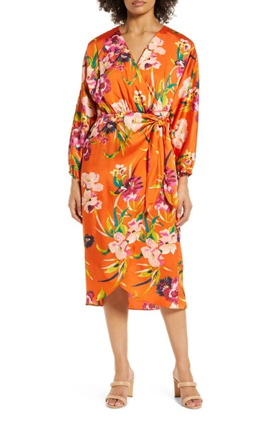 Julia Jordan Long Sleeve Faux Wrap Midi Dress In Orange Multi