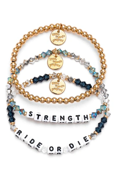 Little Words Project Ride Or Die/strength Set Of 3 Stretch Bracelets In Gold Multi