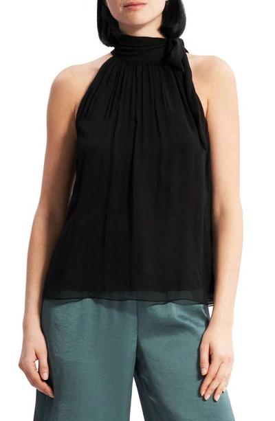 Theory Halter Tie-bow Crinkled Silk Top In Black - 001