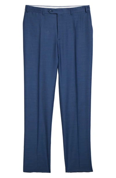 Canali Textured Flat Front Trousers In Blue