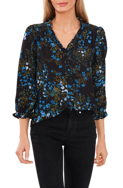 Cece Floral Print Button Front Blouse In Lapis Blue