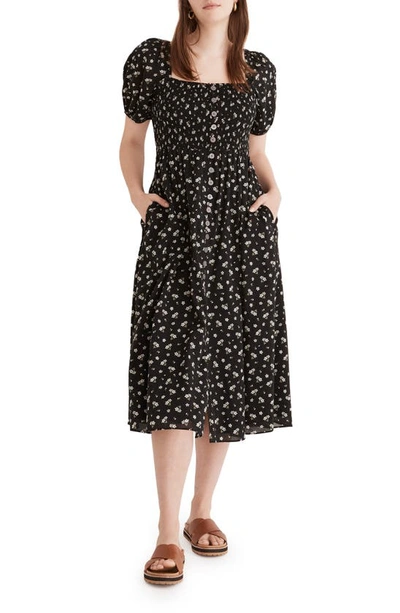 Madewell Smocked Square Neck Cotton Blend Dress In Ditsy Floral True Black  | ModeSens