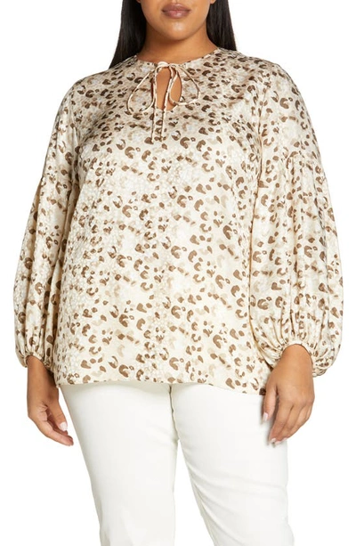 Lafayette 148 Lupe Leopard Print Tie Neck Blouse In Raffia Multi