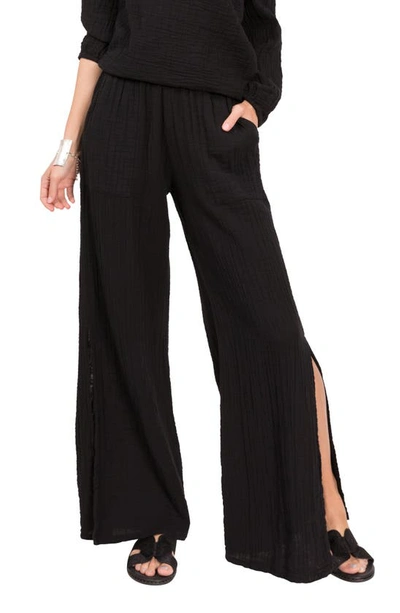 Everyday Ritual Riley Slit Wide-leg Cotton Gauze Pants In Black