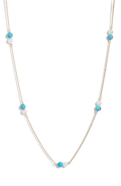 Poppy Finch Cultured Pearl & Turquoise Station Necklace In 14kyg