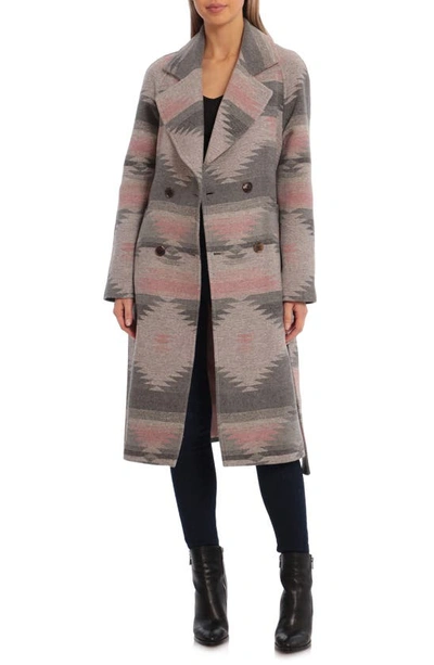 Avec Les Filles Belted Blanket Pattern Walking Coat In Grey