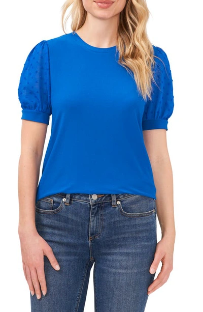 Cece Puff Sleeve Mixed Media Top In Lapis Blue