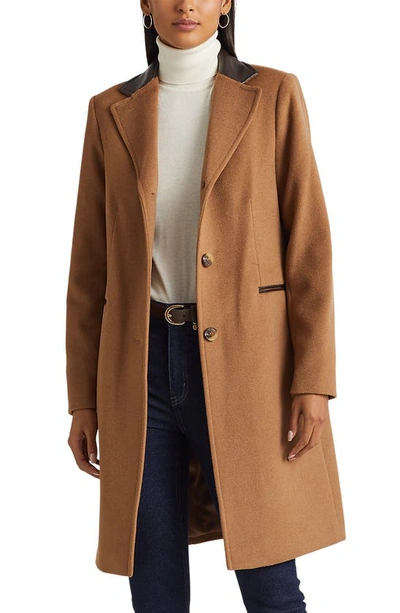 Ralph Lauren Faux Leather Trim Wool Blend Coat In New Vicuna