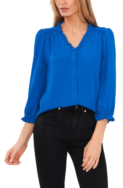 Cece Ruffle V-neck Blouse In Lapis Blue