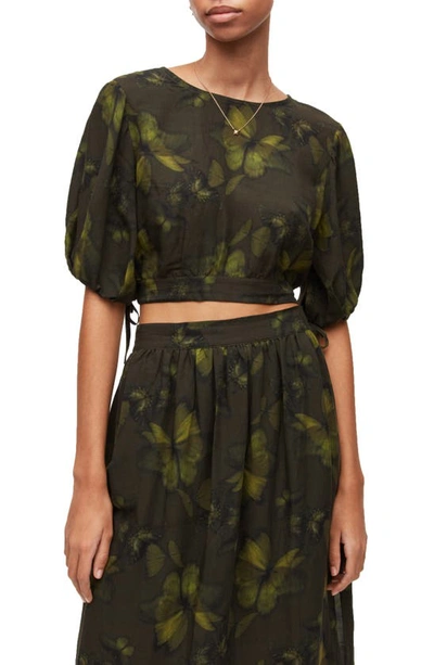 Allsaints Puff Sleeve Butterfly Print Crop Top In Sycamore Green