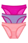 On Gossamer Mesh Hip Bikinis, Set Of 3 In Peach,purple,pink