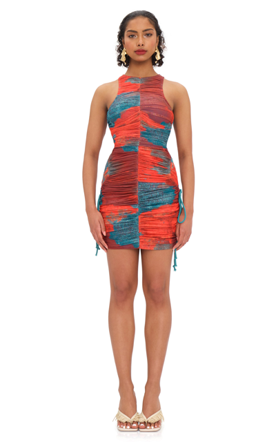 Andrea Iyamah Kasi Ruched Mesh Mini Dress Swim Cover-up In Blue