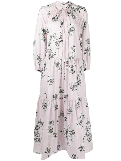 Adam Lippes Tiered Rose Print Long Sleeve Cotton Voile Dress In Pale Pink Floral