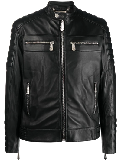 Philipp Plein Long Sleeve Leather Jacket In Black