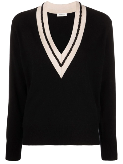 Sandro Sweater With Contrasting V-neck In Black
