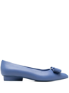 Ferragamo Viva Bow-embellished Leather Point-toe Flats In Blau