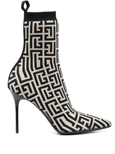 Balmain Monogram-jacquard Pointed Boots In Nude