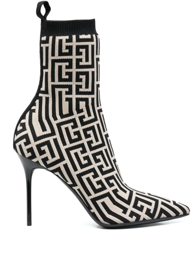 Balmain Monogram-jacquard Pointed Boots In Brown