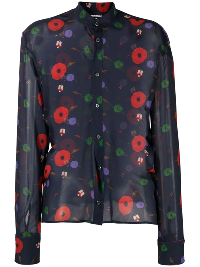Dsquared2 Floral-print Long-sleeved Shirt In Blau