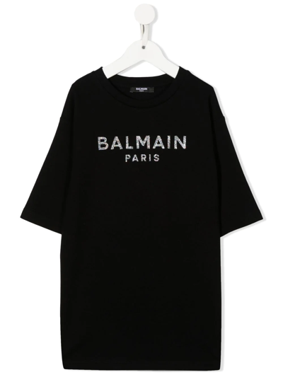 Balmain Kids' Logo-motif Crystal-motif T-shirt In Black