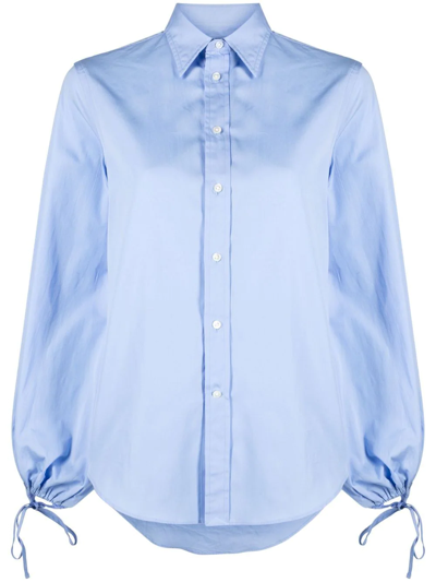 Polo Ralph Lauren Drawstring-cuffs Dipped-hem Cotton Shirt In Pebble Blue