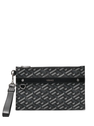 Versace Logo Detailed Zipped Clutch Bag In Printed