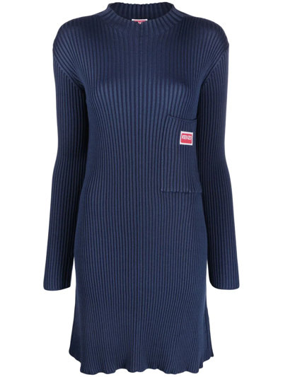 Kenzo Embroidered Logo-patch Ribbed-knit Dress In Blau