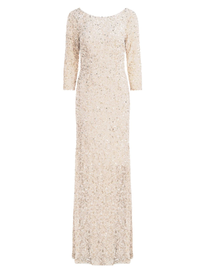 Theia Three-quarter Sleeve Sequin Sheath Gown In Champagne
